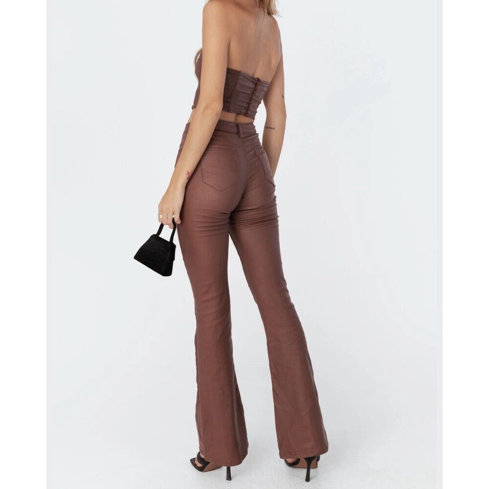 Edikted Luna Faux Leather Flare Jeans Size M Metallic Brown Stretch - Picture 2 of 9